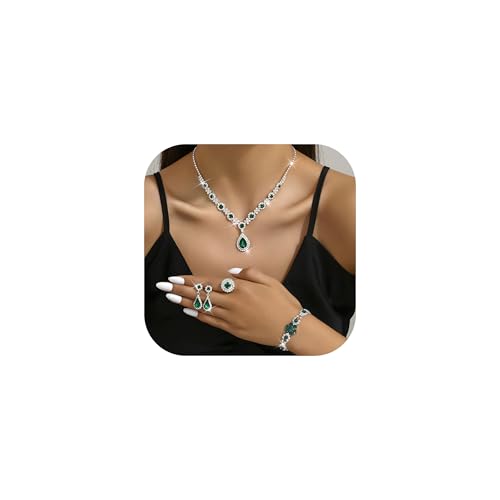 XFSRG Schmuckset Damen Vintage Schmuckset mit Strass Kristalle Anhänger Halskette Ohrringe Armband für Abschlussball Brautparty Brautjungfer von XFSRG