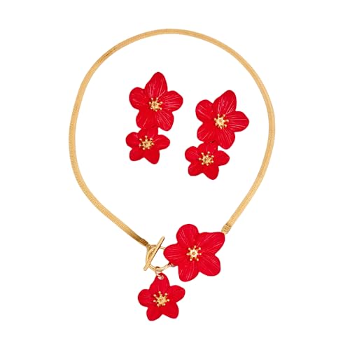 XFSRG Elegantes Schmuckset Damen Gold Mit Blüten Design Perfekt Für Hochzeit Und Besondere Anlässe (Rot) von XFSRG