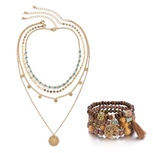 XFSRG Elegantes Schmuckset Damen Modeschmuck Set Mehrschichtige Halskette und Armband Exquisites Design für Alltag und Partys (Braun) von XFSRG