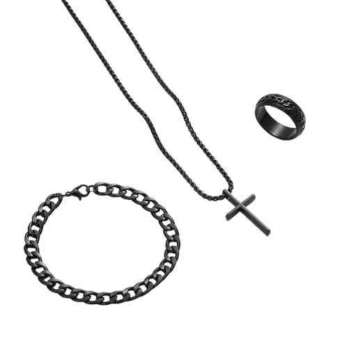 XFSRG Elegantes Schmuckset Für Damen Halskette Mit Kreuzanhänger Armband Und Ring Modische Legierung Für Alltag Und Partys (Schwarz) von XFSRG