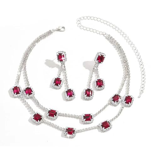 XFSRG Elegantes Schmuckset Für Damen Silberkette Mit Roten Kristallen Und Passenden Ohrringen Perfekt Für Abendkleider Und Hochzeiten (Rot) von XFSRG