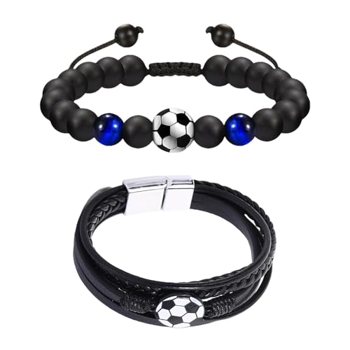 XFSRG Football Fan Armband Set Motivationsarmband mit Fußball Charm und Verstellbares Lederarmband mit Magnetverschluss Stylischer Fan Schmuck (Schwarz-1) von XFSRG