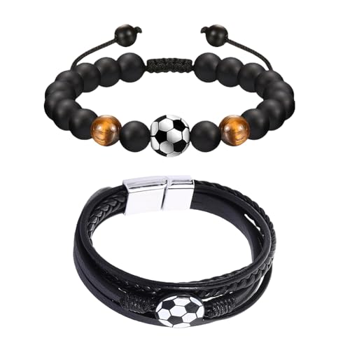 XFSRG Football Fan Armband Set Motivationsarmband mit Fußball Charm und Verstellbares Lederarmband mit Magnetverschluss Stylischer Fan Schmuck (Schwarz-2) von XFSRG