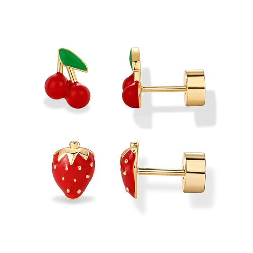 XFSRG Fruchtiges Ohrringe Set mit Erdbeer und Kirsch Motiv Hypoallergene 14K Vergoldetem Kupfer Ohrstecker Emaille Schmuck Accessoires für Alltag und Party von XFSRG