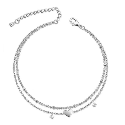 XFSRG Fußkettchen Für Damen Silber 925 Herz Charm Doppelschicht Fußkette Frauen Modisch Strand Schmuck von XFSRG