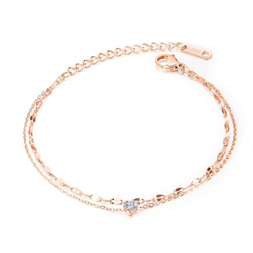 XFSRG Fußkettchen für Damen Doppelte Fußkette Zirkon Verstellbare Stapelbare Layered Fußkette Sommer Strand Fußschmuck Geschenk für Mädchen (Roségold) von XFSRG