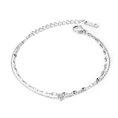 XFSRG Fußkettchen für Damen Doppelte Fußkette Zirkon Verstellbare Stapelbare Layered Fußkette Sommer Strand Fußschmuck Geschenk für Mädchen (Silber) von XFSRG