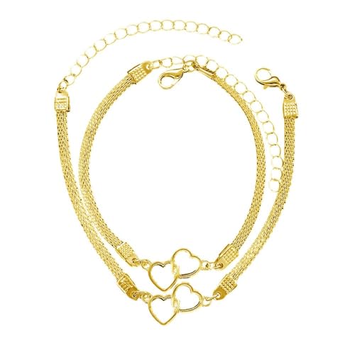 XFSRG Fußkettchen mit Doppelherz Zierliche, Wasserdichte Herz Anklets mit Passendem Armband für Frauen und Mädchen ideal für den Sommer Einstellbarer Fußschmuck für Jeden Style (Gold) von XFSRG