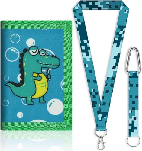 XFSRG Dinosaurier Klettverschluss Geldbörse Dreifaltig Kinderbrieftasche Karabiner Schlüsselband Pixelmuster Tragegurt Münzfach Jungen Mädchen von XFSRG