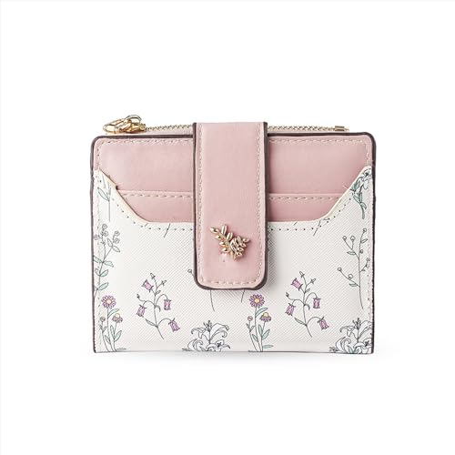 XFSRG Geldbörse Damen mit Blumenmuster Kleines PU Leder Portemonnaie Damen mit Reißverschluss und Druckknopf für Alltag und Reisen (Rosa) von XFSRG