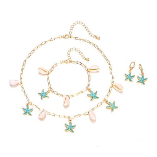 XFSRG Damen Meerjungfrau Schmuckset Muschel Kette Halskette Armband mit 1 Paar Seestern-Ohrringen Für Sommer Strand von XFSRG