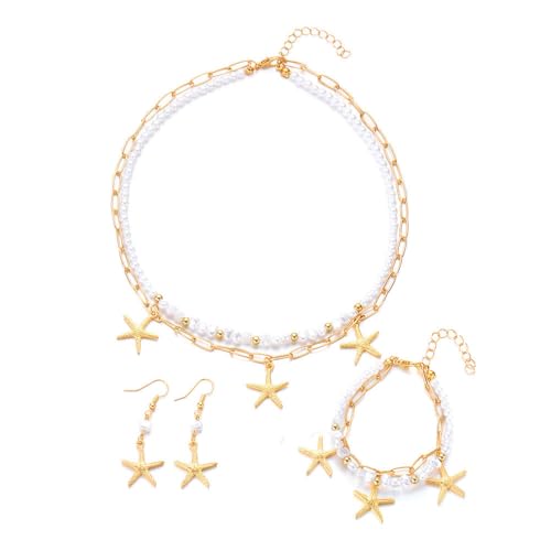 XFSRG Damen Meerjungfrau Schmuckset Muschel Kette Halskette Armband mit 1 Paar Seestern-Ohrringen Für Sommer Strand von XFSRG