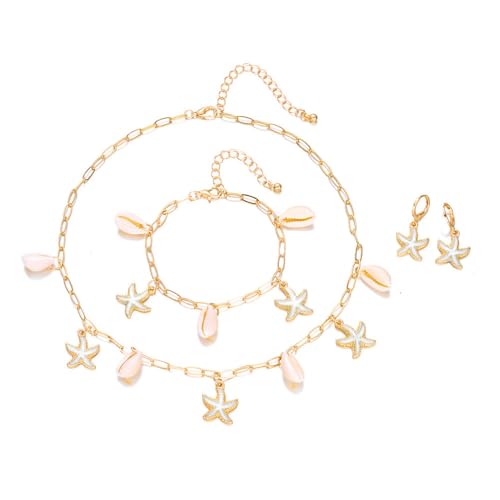 XFSRG Damen Meerjungfrau Schmuckset Muschel Kette Halskette Armband mit 1 Paar Seestern-Ohrringen Für Sommer Strand von XFSRG