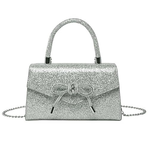 XFSRG Glitzernde Damen Handtasche Clutch mit Schleife Elegante Abendtasche für Partys und Hochzeiten Silberne Handtasche Damen Umhängetasche (Silber) von XFSRG