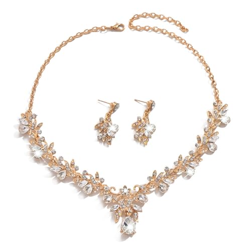 XFSRG 2 Stück Blatt Kristall Schmuckset Halskette Ohrringe Elegant Brautschmuck Hochzeit Damen Luxus Strass Glänzend Schmuck von XFSRG