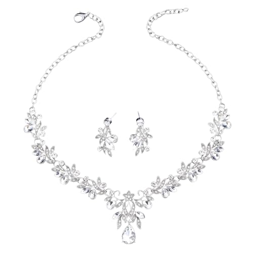 XFSRG 2 Stück Blatt Kristall Schmuckset Halskette Ohrringe Elegant Brautschmuck Hochzeit Damen Luxus Strass Glänzend Schmuck von XFSRG