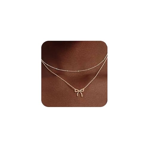 XFSRG Goldene Kette Damen Halskette Damen Gold Schleife Herz Anhänger Schmuck Edelstahl Kette Filigran Layered Halsketten Set Geschenk (Gold, Fliege) von XFSRG