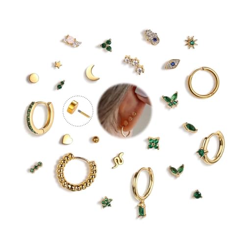 XFSRG Ohrschmuck Set für Frauen 20 Stück Mini Ohrstecker & Kleine Creolen in Goldoptik mit Grünen Kristallen, Boho Chic Ohrringe zum Kombinieren, Stapeln Verschenken von XFSRG