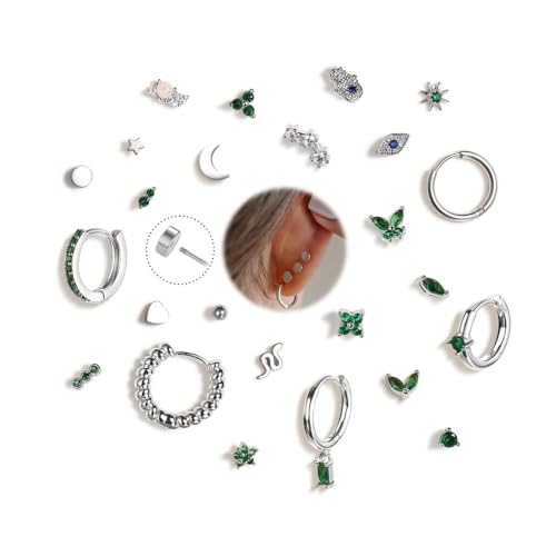 XFSRG Ohrschmuck Set für Frauen 20 Stück Mini Ohrstecker & Kleine Creolen in Goldoptik mit Grünen Kristallen, Boho Chic Ohrringe zum Kombinieren, Stapeln Verschenken von XFSRG