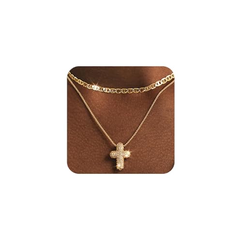 XFSRG Goldkette Damen Halskette Kreuz Anhänger Goldschmuck Doppelkette Gold Schmuckset Layering Ketten Geschenk für Frauen Mädchen von XFSRG
