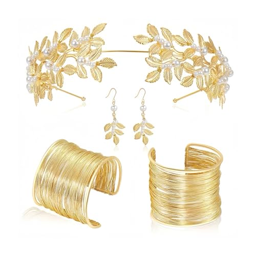 XFSRG Griechische Göttin Kostüm Schmuck Set Hochzeit Brautschmuck Oberarmreif Ohrringe Lorbeerkranz Hochzeit Boho Blatt Haar Krone Accessories (Gold 1) von XFSRG