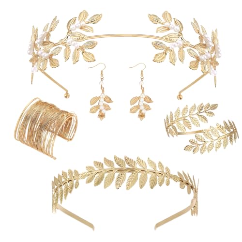XFSRG Griechische Göttin Kostüm Schmuck Set Hochzeit Brautschmuck Oberarmreif Ohrringe Lorbeerkranz Hochzeit Boho Blatt Haar Krone Accessories (Gold 2) von XFSRG