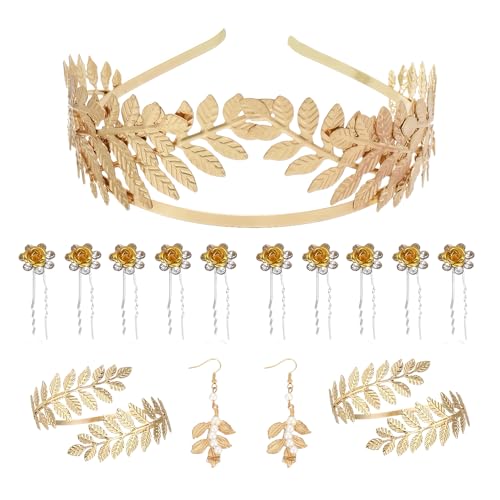 XFSRG Griechische Göttin Kostüm Schmuck Set Hochzeit Brautschmuck Oberarmreif Ohrringe Lorbeerkranz Hochzeit Boho Blatt Haar Krone Accessories (Gold 3) von XFSRG