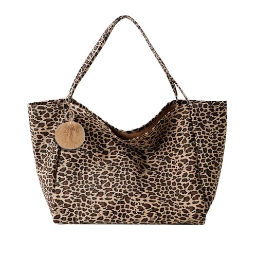XFSRG Große Leopardentasche Canvas Umhängetasche Damen mit Pompon Anhänger 41×22×37 cm Weiche Schultertasche ohne Futter Innentasche Leichte Tasche Damen (Braun) von XFSRG