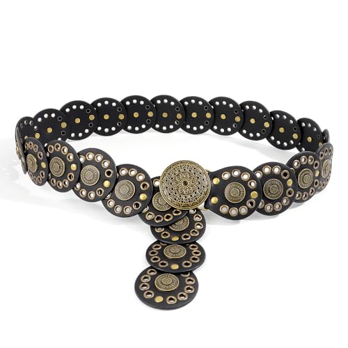 XFSRG Gürtel Damen Vintage Boho PU Ledergürtel Runde Scheibe Western Cowgirl Breiter Durchbrochener Metal Verstellbarer Taillengürtel für Jeans Kleid(Braun-Schwarz/105cm) von XFSRG