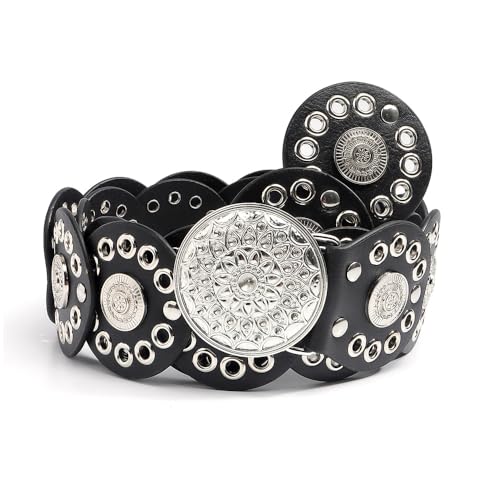 XFSRG Gürtel Damen Vintage Boho PU Ledergürtel Runde Scheibe Western Cowgirl Breiter Durchbrochener Metal Verstellbarer Taillengürtel für Jeans Kleid(Schwarz/105cm) von XFSRG