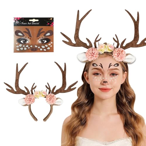 XFSRG Haarreif Aus Elchgeweih Mit Gesichtsaufkleber Fasching Haarreif Für Damen Karneval Accessoires Perfekt Für Partys Und Feiern(A) von XFSRG
