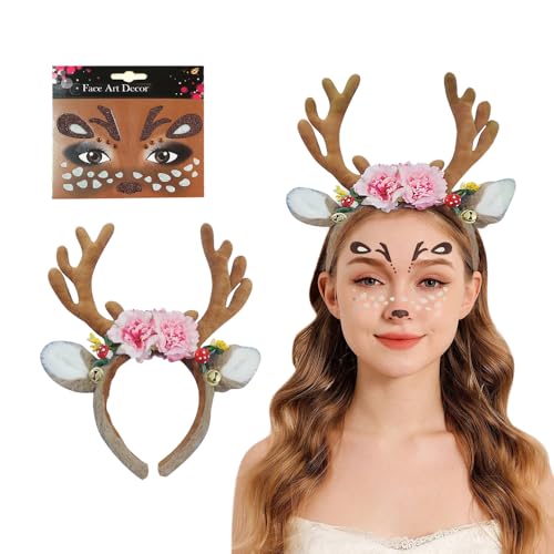XFSRG Haarreif Aus Elchgeweih Mit Gesichtsaufkleber Fasching Haarreif Für Damen Karneval Accessoires Perfekt Für Partys Und Feiern(B) von XFSRG