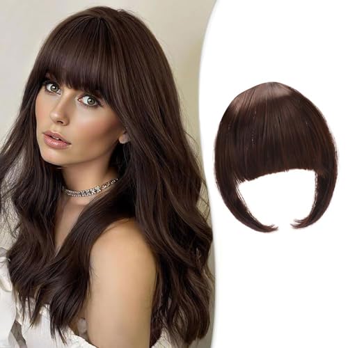 XFSRG Haarschmuck Bangs Clip Haare Haarverlängerungen Flat Bang mit Schläfen Echthaar Front Face Fringe Pony Haarteile Pony Extension für Frauen das Tägliche Tragen(Dunkelbraun) von XFSRG