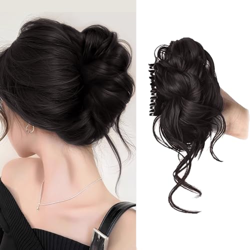 XFSRG Haarschmuck Klaue Clip in Messy Bun Haarteil Lockig Chigno Haardutt Haarverlängerung Pferdeschwanz Haarteile Haar für Frauen und Mädchen(Braun-schwarz) von XFSRG