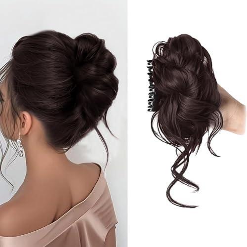 XFSRG Haarschmuck Klaue Clip in Messy Bun Haarteil Lockig Chigno Haardutt Haarverlängerung Pferdeschwanz Haarteile Haar für Frauen und Mädchen(Dunkelbraun) von XFSRG