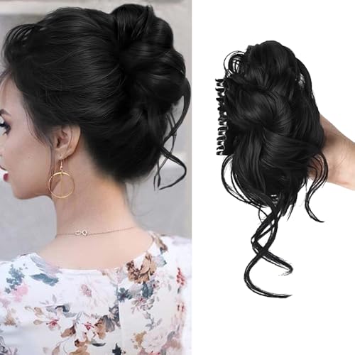 XFSRG Haarschmuck Klaue Clip in Messy Bun Haarteil Lockig Chigno Haardutt Haarverlängerung Pferdeschwanz Haarteile Haar für Frauen und Mädchen(Natürliches Schwarz) von XFSRG