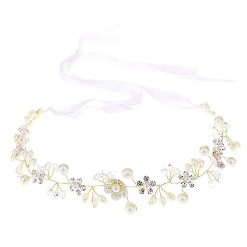 XFSRG Haarschmuck Kommunion Mädchen Prinzessin Blumenkranz Haare Weiß Perle Haarreif mit Band für Braut Frauen Schleier Braut Frauen（Gold） von XFSRG