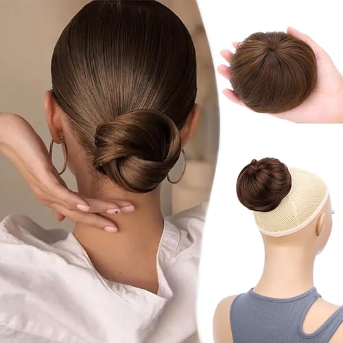 XFSRG Haarteil Mit Gummiband Dutt Haarteil Haargummi Mit Haaren Gelockt Haardutt Synthetisch Kurzes Pferdeschwanz Brötchen für Damen Mädchen（Hellbraun） von XFSRG