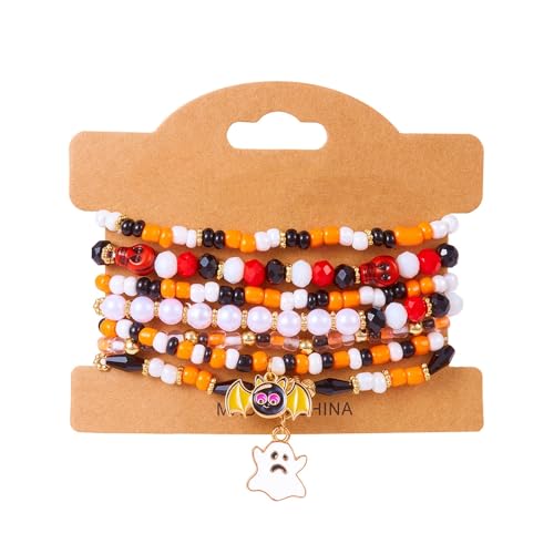 XFSRG Halloween Armband Damen Set Perlenarmband Kürbis Geist Schmuck Elastisches Armband Set Mehrschichtiges Charm Armband Perlen Armbänder Halloween Kostüm Accessoires Schmuckset (Fledermaus) von XFSRG