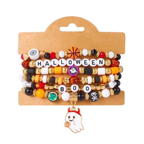 XFSRG Halloween Armband Damen Set Perlenarmband Kürbis Geist Schmuck Elastisches Armband Set Mehrschichtiges Charm Armband Perlen Armbänder Halloween Kostüm Accessoires Schmuckset (Geist) von XFSRG