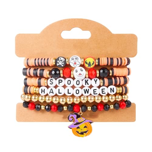 XFSRG Halloween Armband Damen Set Perlenarmband Kürbis Geist Schmuck Elastisches Armband Set Mehrschichtiges Charm Armband Perlen Armbänder Halloween Kostüm Accessoires Schmuckset (Kürbis) von XFSRG