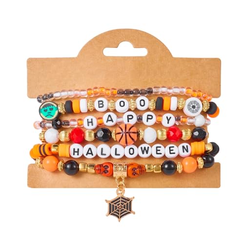 XFSRG Halloween Armband Damen Set Perlenarmband Kürbis Geist Schmuck Elastisches Armband Set Mehrschichtiges Charm Armband Perlen Armbänder Halloween Kostüm Accessoires Schmuckset (Spinnennetz) von XFSRG