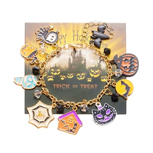 XFSRG Halloween Charm Armband Damen Goldfarbenes Armreif mit Kürbis Fledermaus Katze und Spinnennetz Anhängern Perfekt für Halloween und Partys (B) von XFSRG