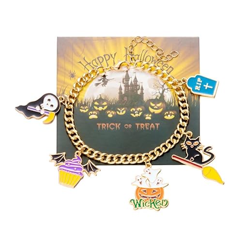 XFSRG Halloween Charm Armband Damen Goldfarbenes Armreif mit Kürbis Fledermaus Katze und Spinnennetz Anhängern Perfekt für Halloween und Partys (C) von XFSRG