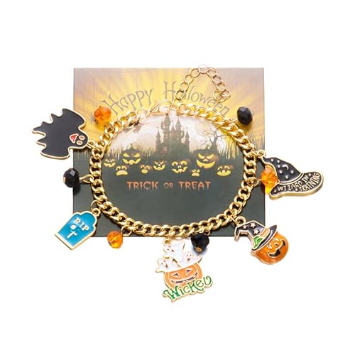 XFSRG Halloween Charm Armband Damen Goldfarbenes Armreif mit Kürbis Fledermaus Katze und Spinnennetz Anhängern Perfekt für Halloween und Partys (D) von XFSRG