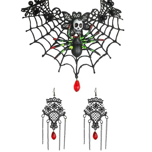XFSRG Halloween Gothic Schmuck Set Für Damen Elegantes Spinnennetz Design Mit Schädel Und Roten Tropfen Perfekt Für Halloween Party Oder Cosplay von XFSRG