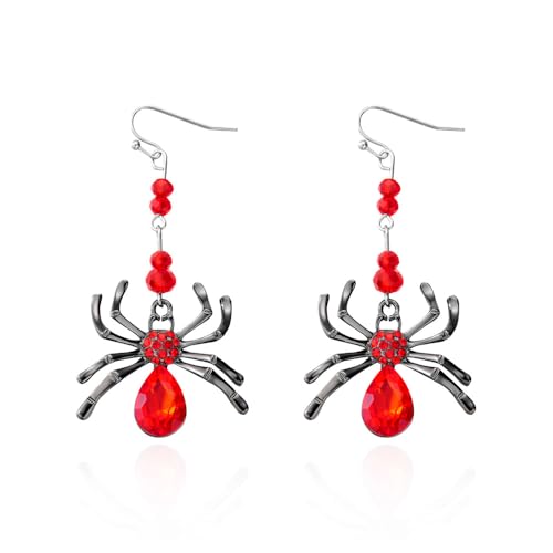 XFSRG Halloween Ohrringe Damen Glitzernde Spinnen Ohrringe mit Tropfen Edelstein Halloween Ohrhänger Leicht Auffällig Gothic Schmuck für Party und Alltag (Rot) von XFSRG