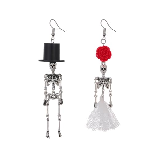 XFSRG Halloween Ohrringe Damen Gothic Asymmetrische Skelett Paar Ohrhänger mit Zylinder und Rose Lustiger Schmuck für Party und Festival Look von XFSRG