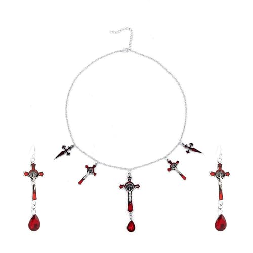 XFSRG Halloween Schmuck Set Gothic Ohr und Halskette mit Halloween Pendant Dunkler Vintage Gothic Schmuck für Party und Alltag (Rot) von XFSRG