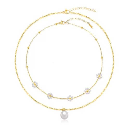 XFSRG Halskette Damen Gold Mehrreihig Blumen Perlen Anhänger Goldkette Damen Schmuck Kette Frauen Elegant Layered Halsschmuck Gold Kette Frauen Geschenk von XFSRG